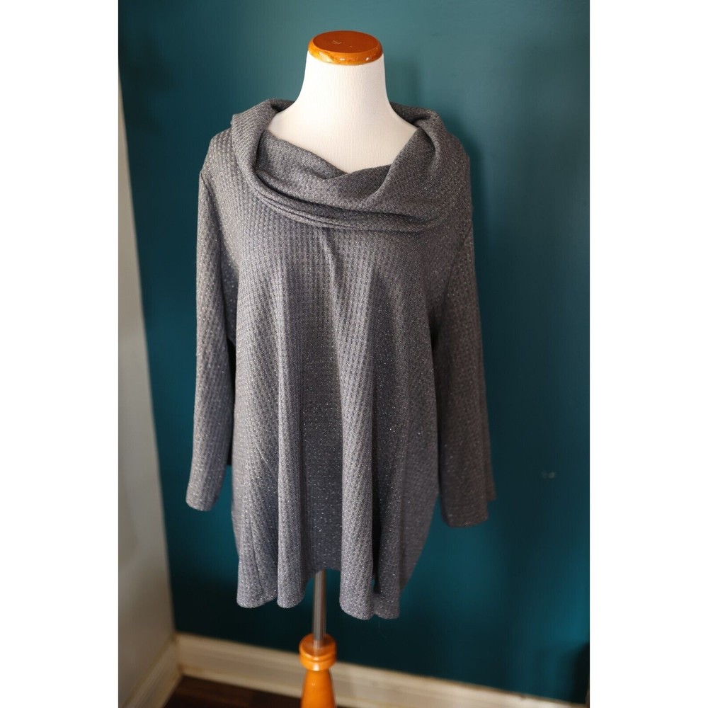 Sunday Black Silver Metallic Thread Cowlneck Open Knit 3/4 Sleeve Sweater XL